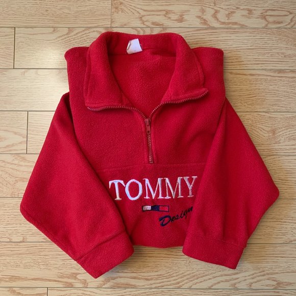 Vintage 90s Red Fleece Tommy Hilfiger Quarter Zip Large Comfy Sweater - Picture 1 of 3